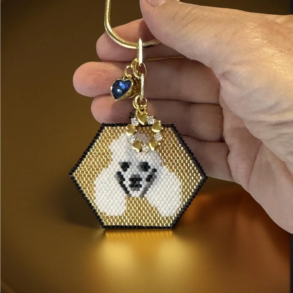 Hand Crafted Beaded White Poodle Face Gold Color Keychain with Charms